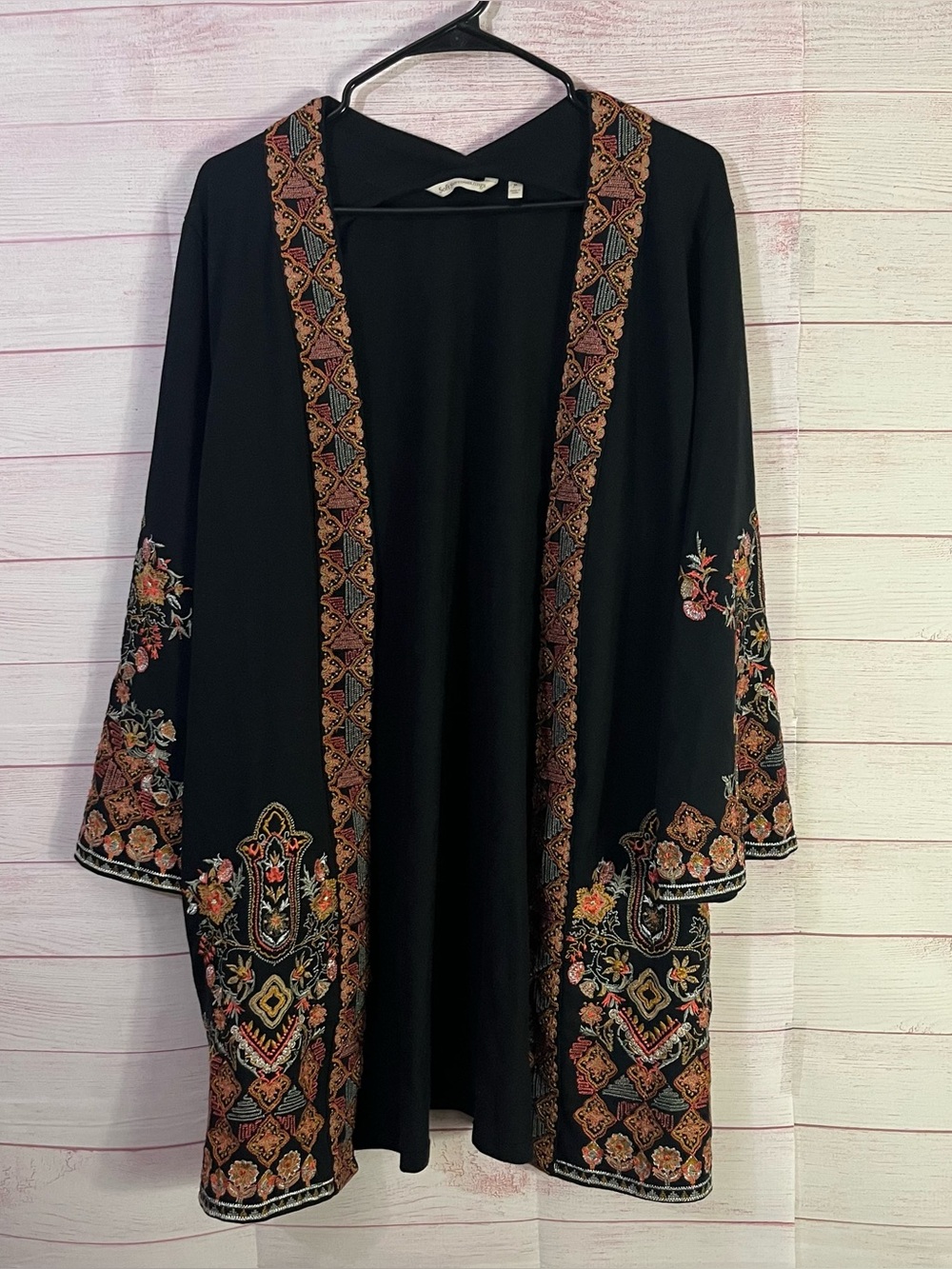 Soft Surroundings Fiberworks Black Floral Open Front Bohemian Cardigan Jacket